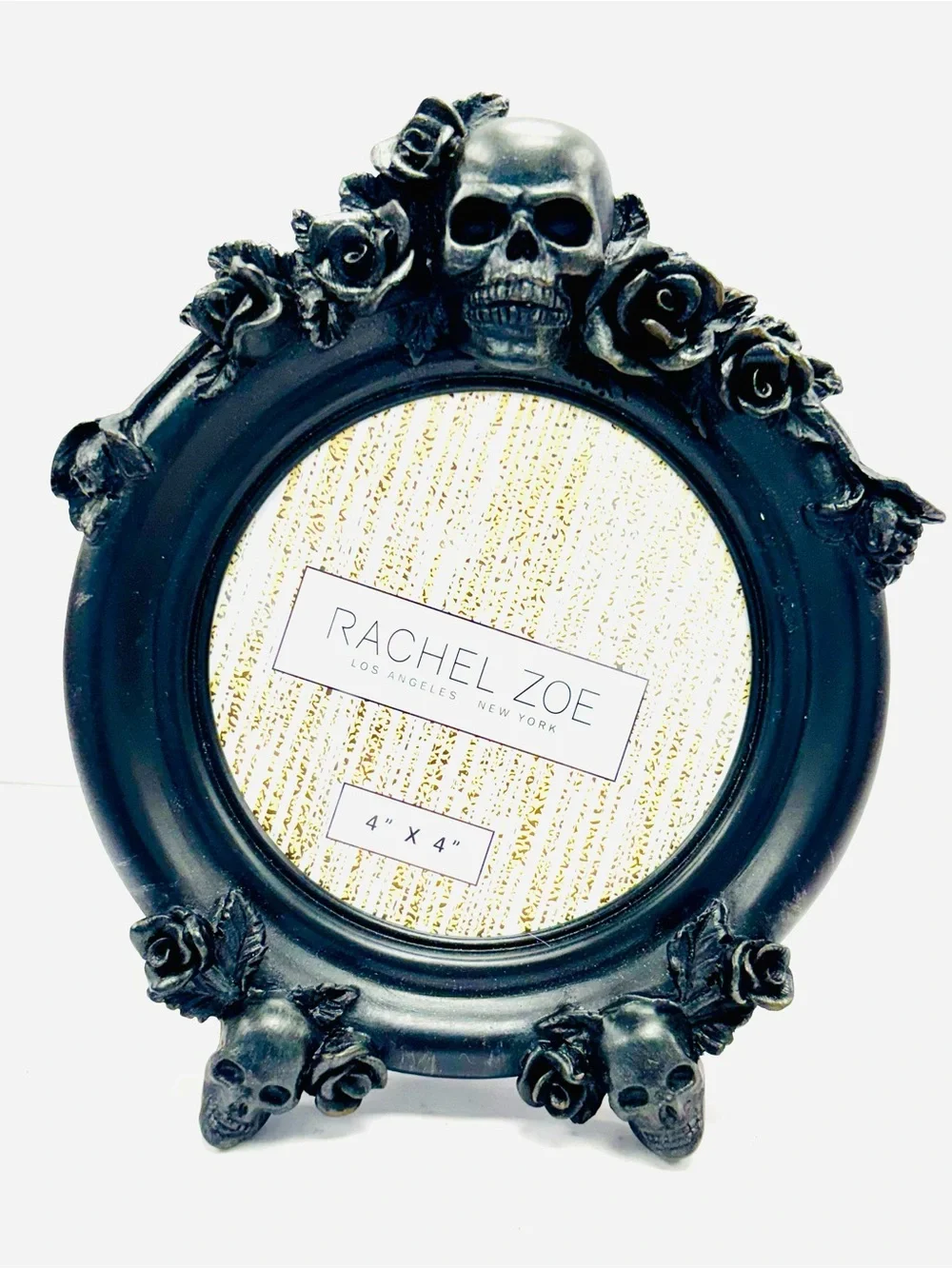 Gothic Black Skull, Bones & Roses 4 x 4 Round Picture Frame Easel Back F441003